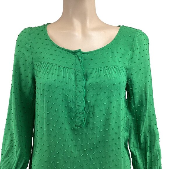 Maeve Anthropologie Scallop Edge Top Size 4  Green Textured Swiss Dot Long Sleev - Picture 6 of 7
